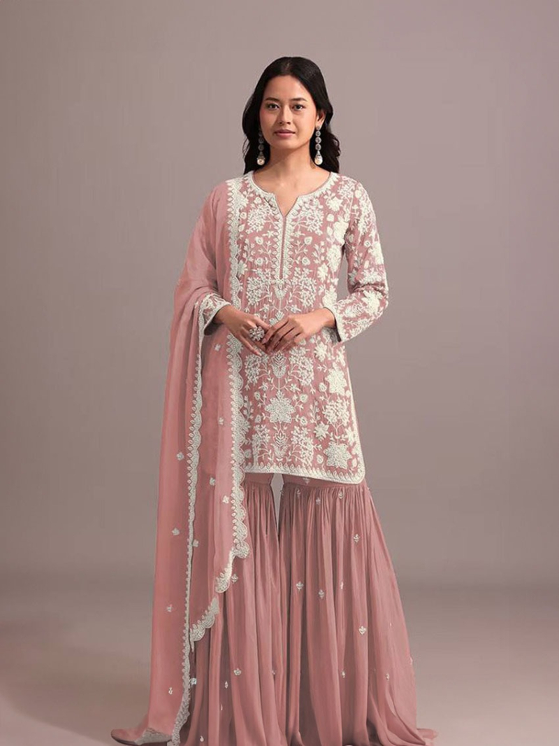 Traditional Pastel Pink Embroidered Sharara Suit