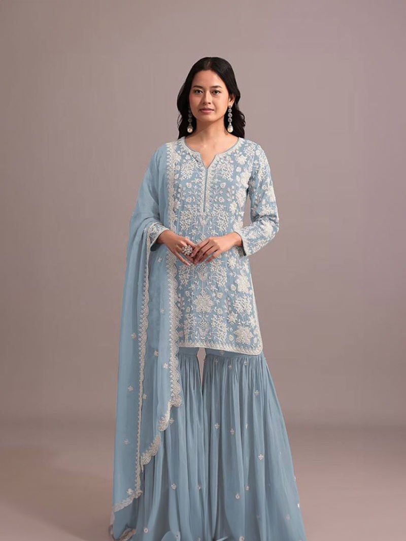 Elegant Traditional Pastel Blue Embroidered Sharara Suit