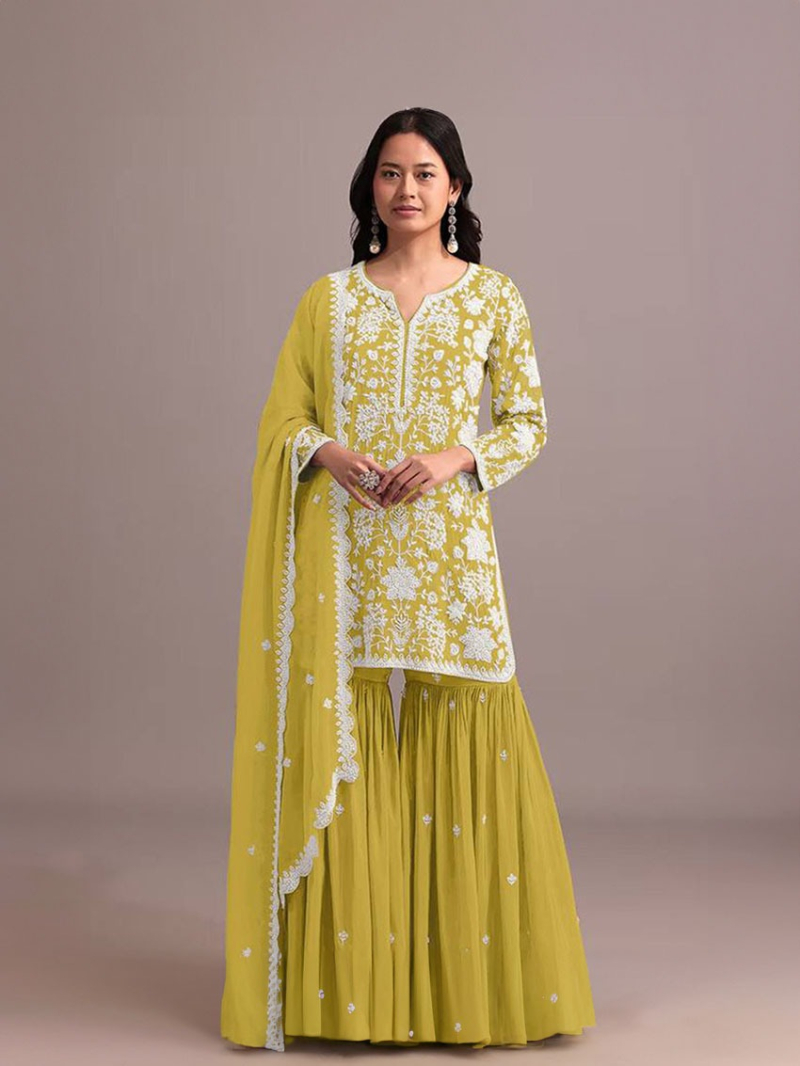 Traditional Casual Mustard Yellow Embroidered Sharara Suit