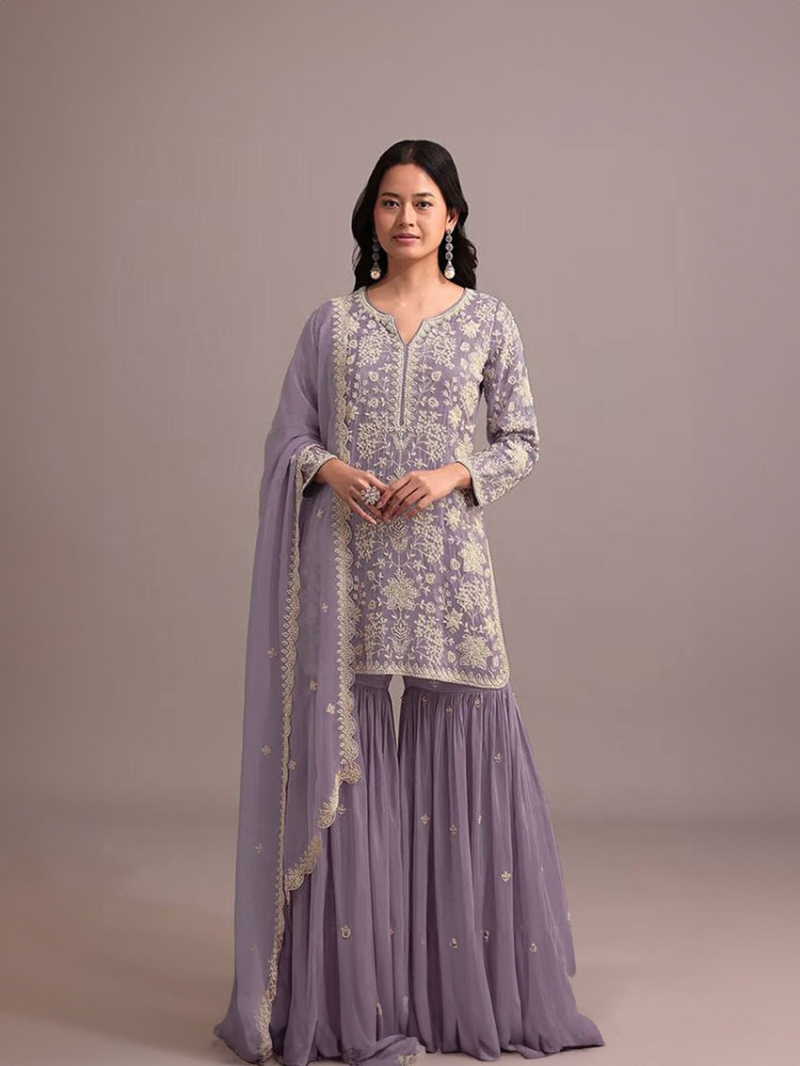 Traditional Casual Lavender Embroidered Sharara Suit