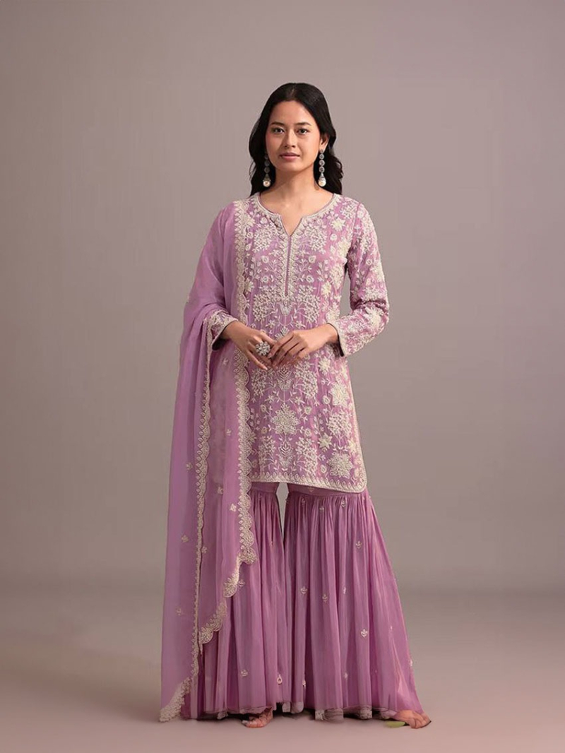 Traditional Festive Dusty Rose Pink Embroidered Sharara Suit 