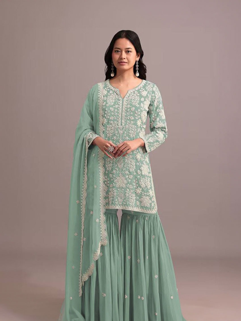 Traditional Elegant Pastel Green Embroidered Sharara Suit