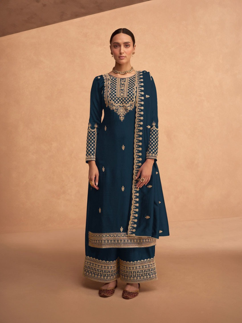 Elegant Teal Blue Embroidered Plazo Suit