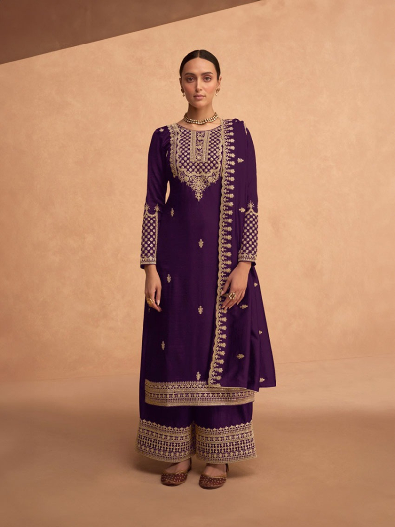 Elegant Wine Embroidered Plazo Suit