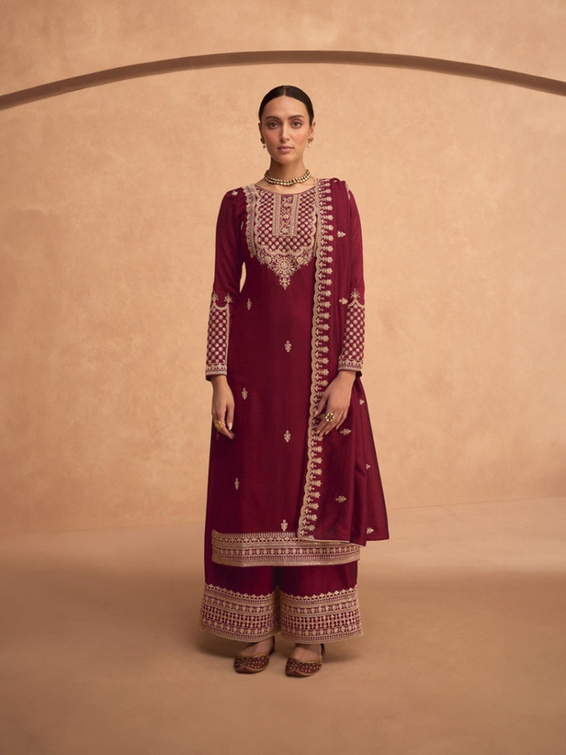 Elegant Traditional Rich Maroon Embroidered Plazo Suit 