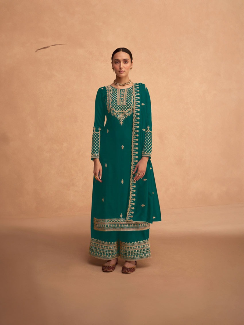 Heavy Traditinoal Teal Green Embroidered Plazo Suit