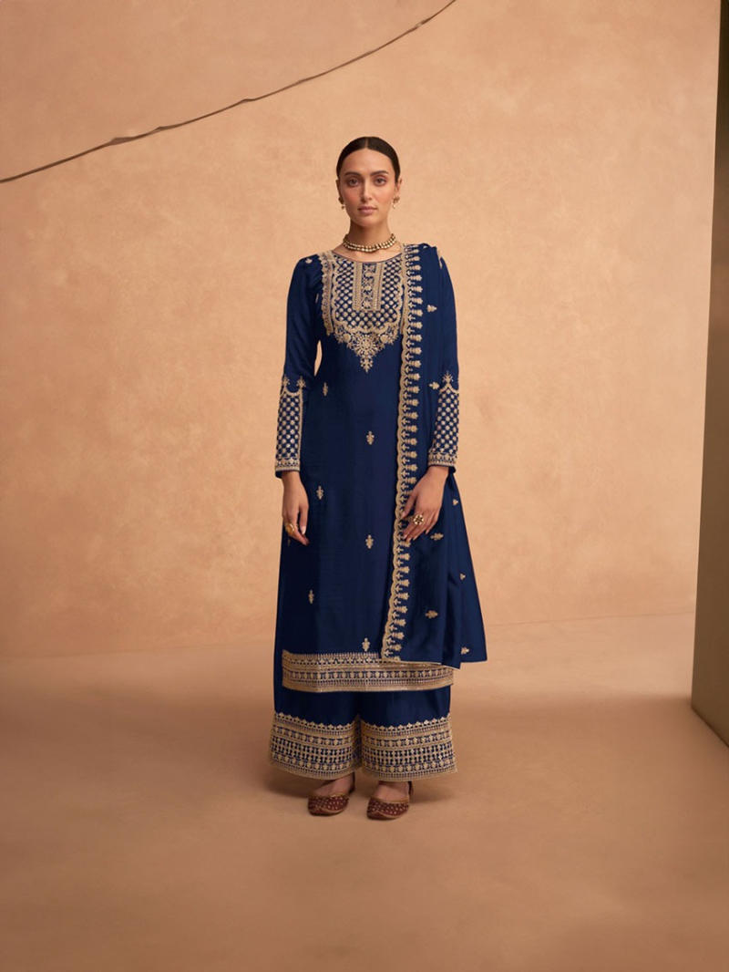 Elegant Traditional Navy Blue Embroidered Plazo Suit