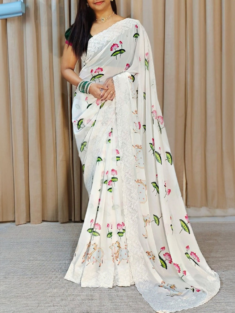 Ethnic Festive Floral Butta Malai Georgette Saree