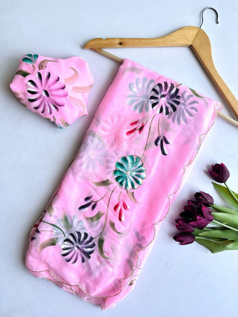 Elegant Ethnic Hand-Painted Baby Pink Pure Georgette Saree