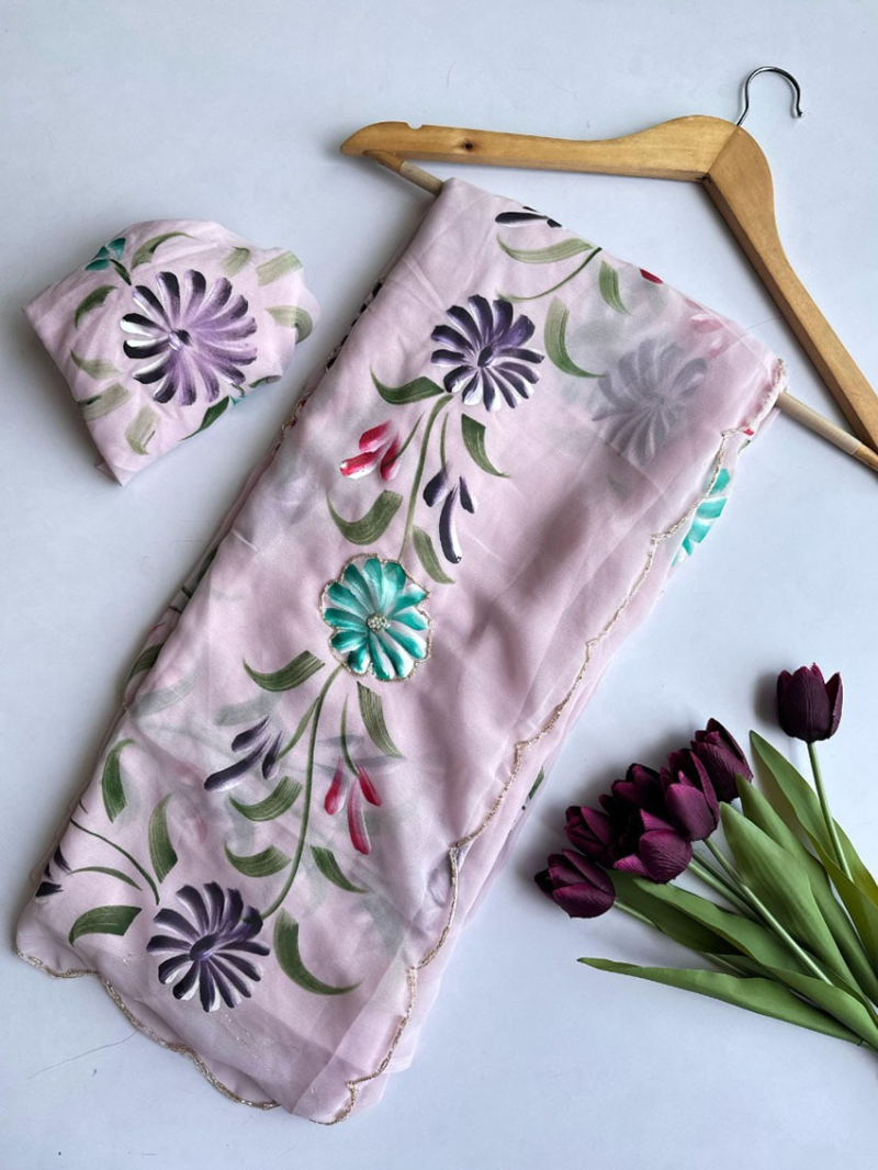 Elegant Ethnic Hand-Painted Lilac Pure Georgette Saree