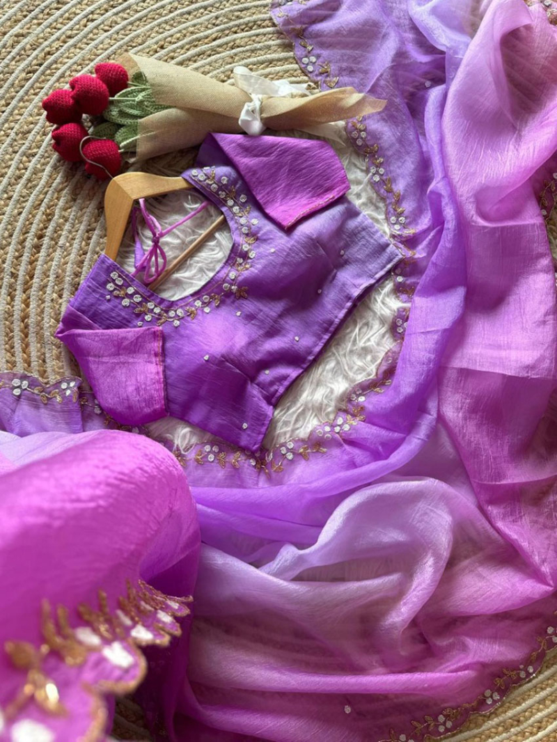Ethnic Festive Soft Purple & Purple Dual Tone Semi Crushed Saree