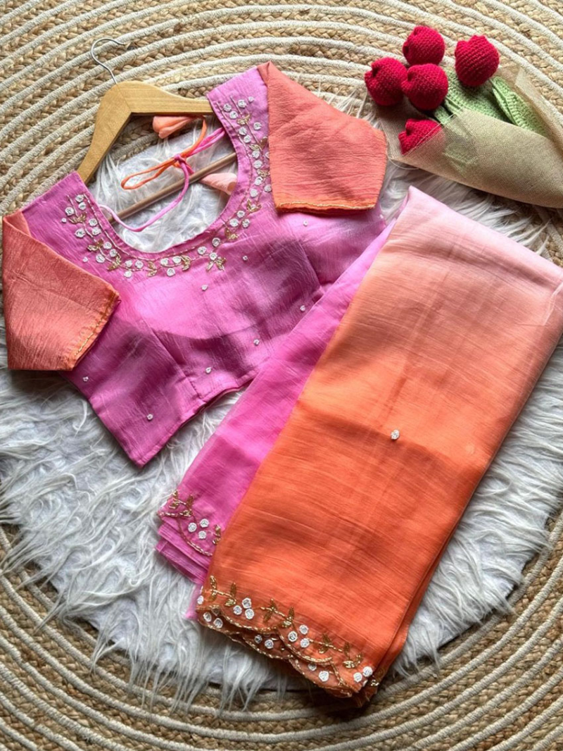 Ethnic Traditional Dual Tone Peach & Pink Semi-Crushed Saree