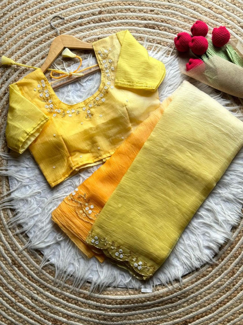 Traditional Festive Dual Tone Sunshine Yellow Semi-Crushed Saree