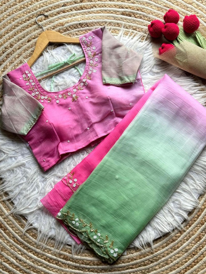 Festive Traditional Pink & Pastel Green Dual Tone Semi-Crushed Saree