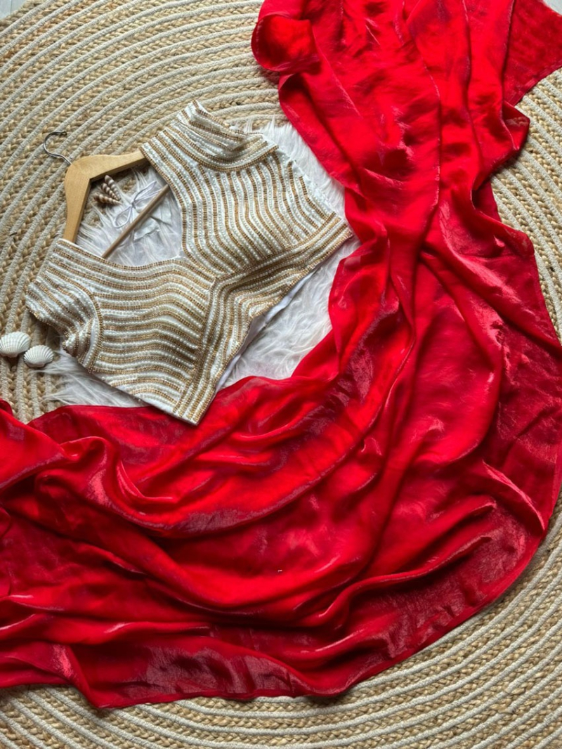 Elegant  Ethnic Festive Red Heavy Space Silk Saree