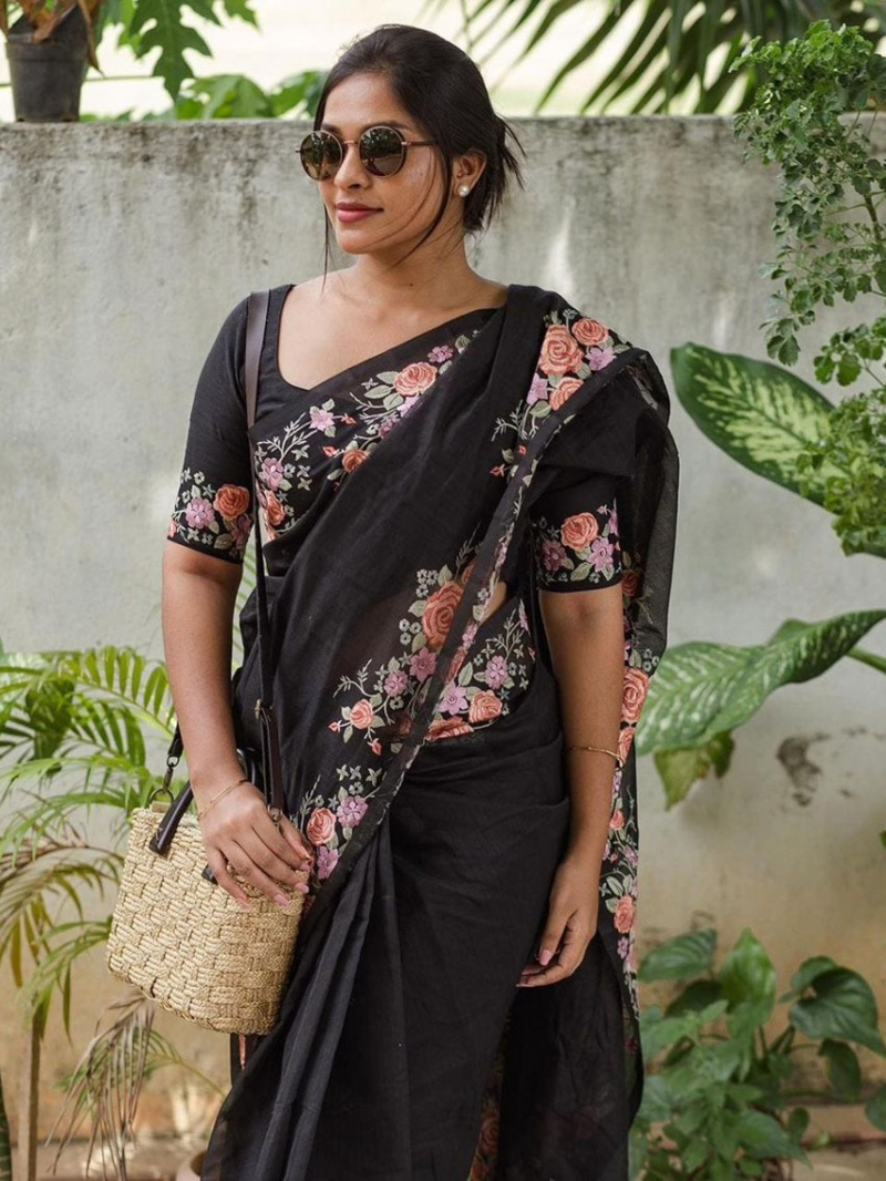 Ethnic Festive Pure Black Chanderi Cotton Saree