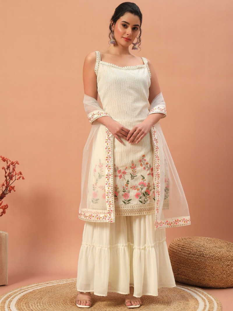 Elegant Heavy Georgette Pearl White Sharara Suit