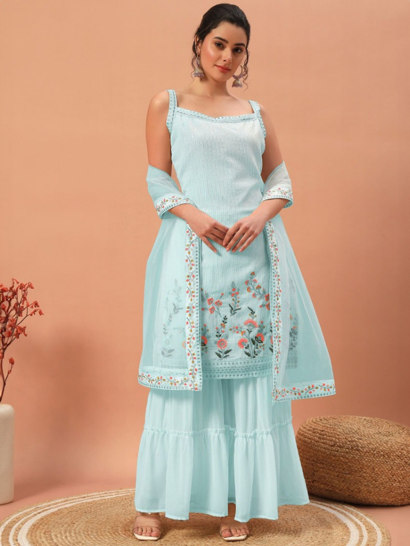 Elegant Traditional  Sky Blue Georgette Sharara Suit