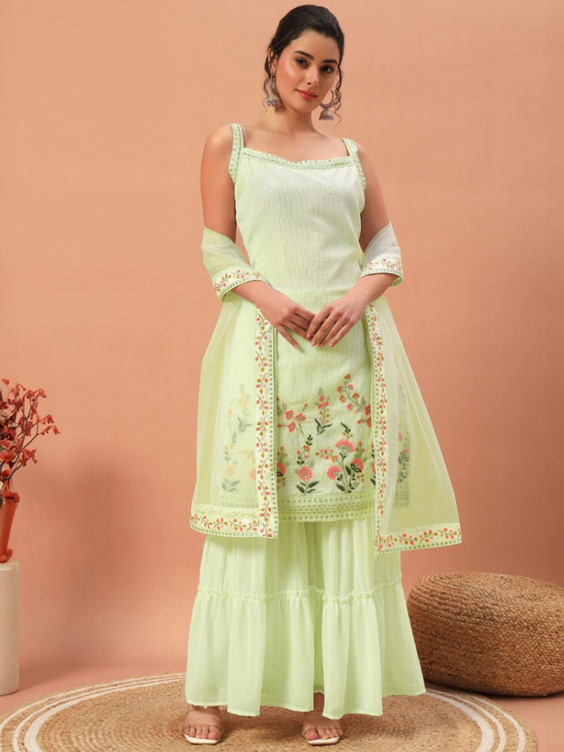Traditional Casual Lime Green Georgette Sharara Suit 