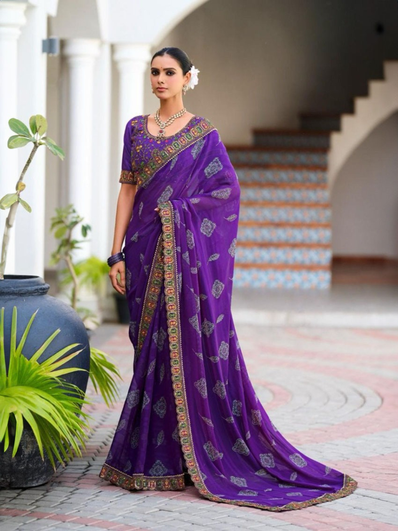 Royal Purple Viscose Georgette Saree with Rajwadi Embroidery Work