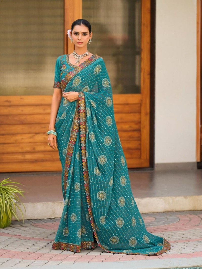 Authentic Teal Green Soft Viscose Georgette Saree