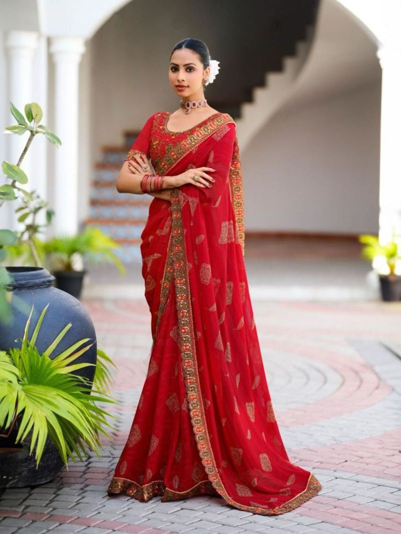 Festivewear Red Soft Viscose Georgette Saree