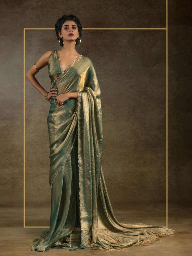 Authentic Metallic Green Satin Silk Saree