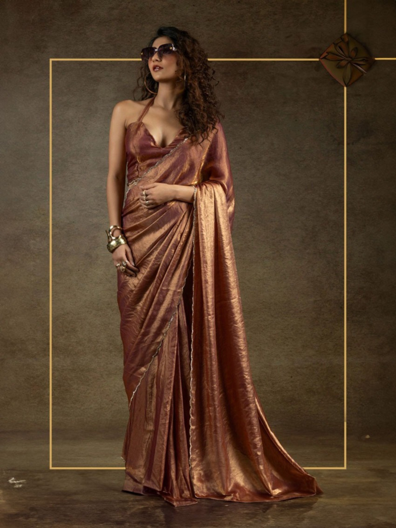Elegant Metallic Brown Satin Silk Saree