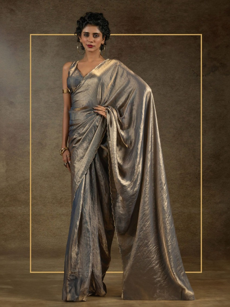 Partywear Metallic Grey Satin Silk Saree