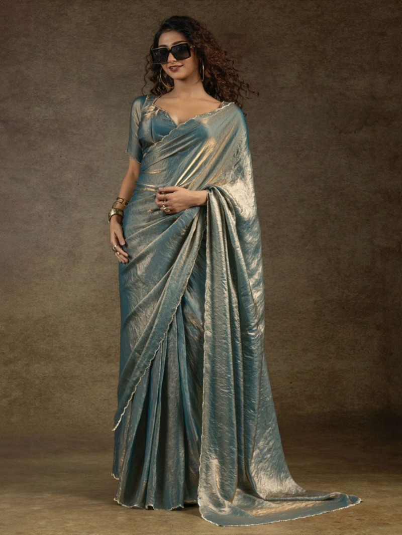 Elegant Metallic Blue Satin Silk Saree