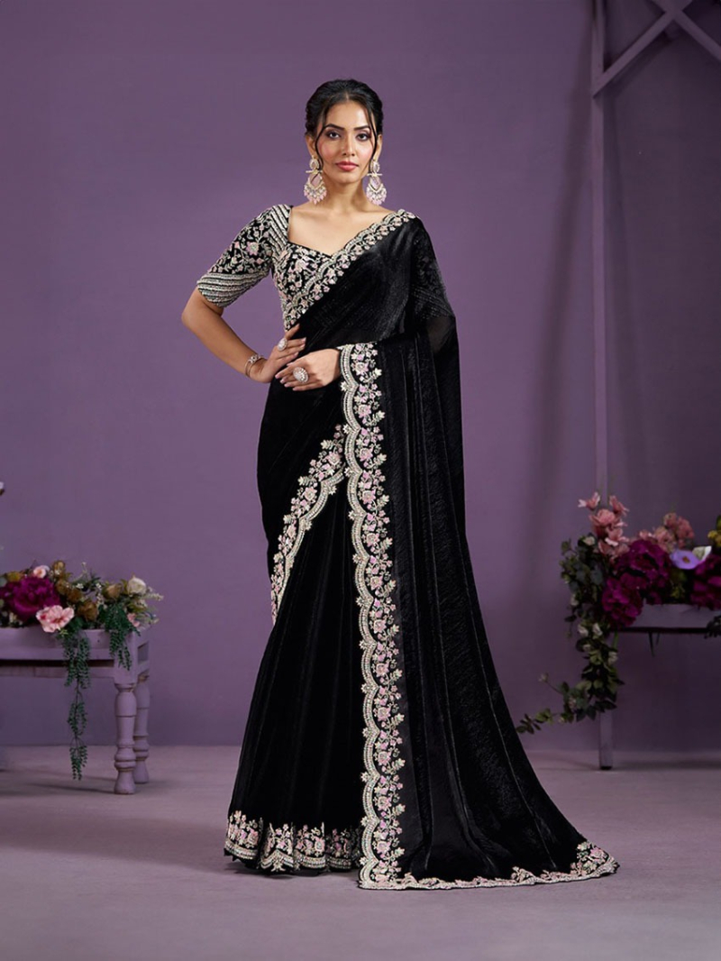 Festive wear Two Tone Black Satin Silk Saree