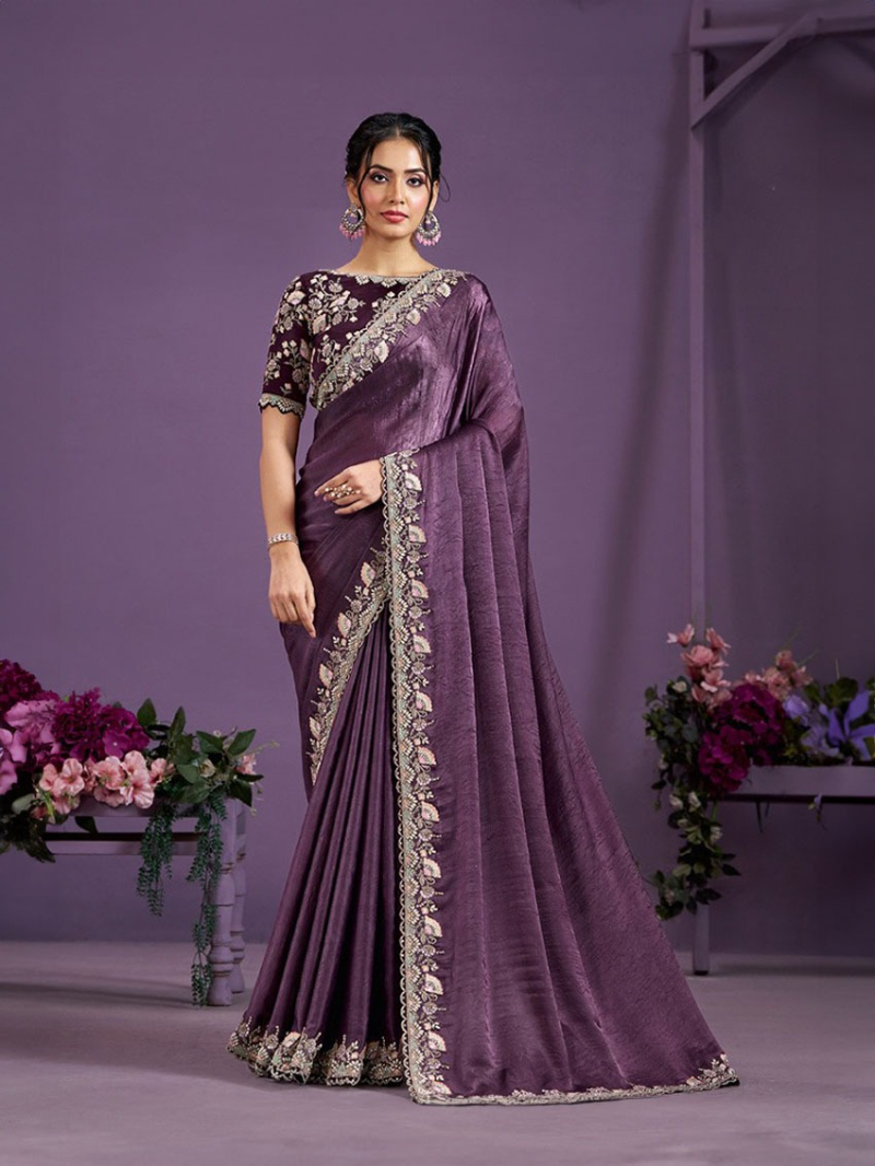 Elegant Plum Crepe Satin Silk Crush Saree