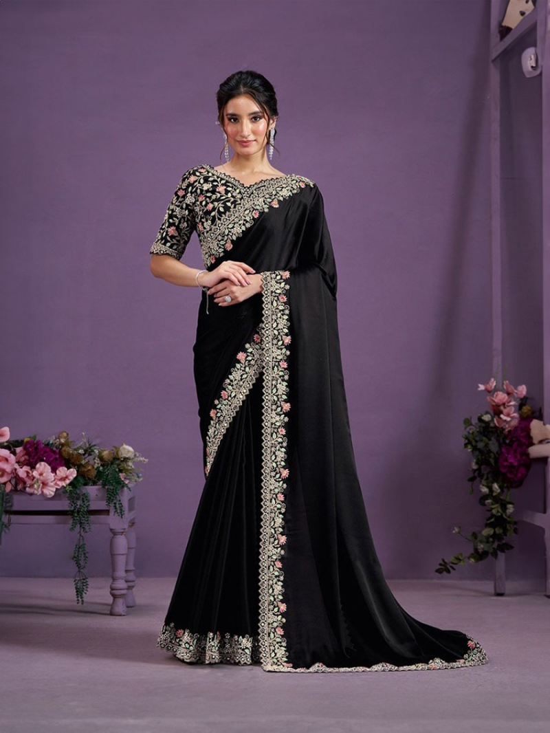 Classic Black Satin Silk Saree