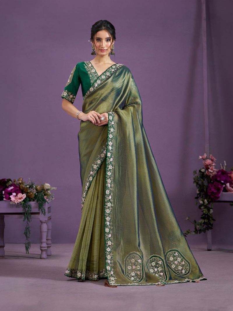 Olive Green Glass Tissue Saree