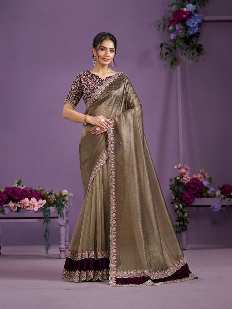 Designer Greyish-Brown Pure Banarasi Crush Saree 
