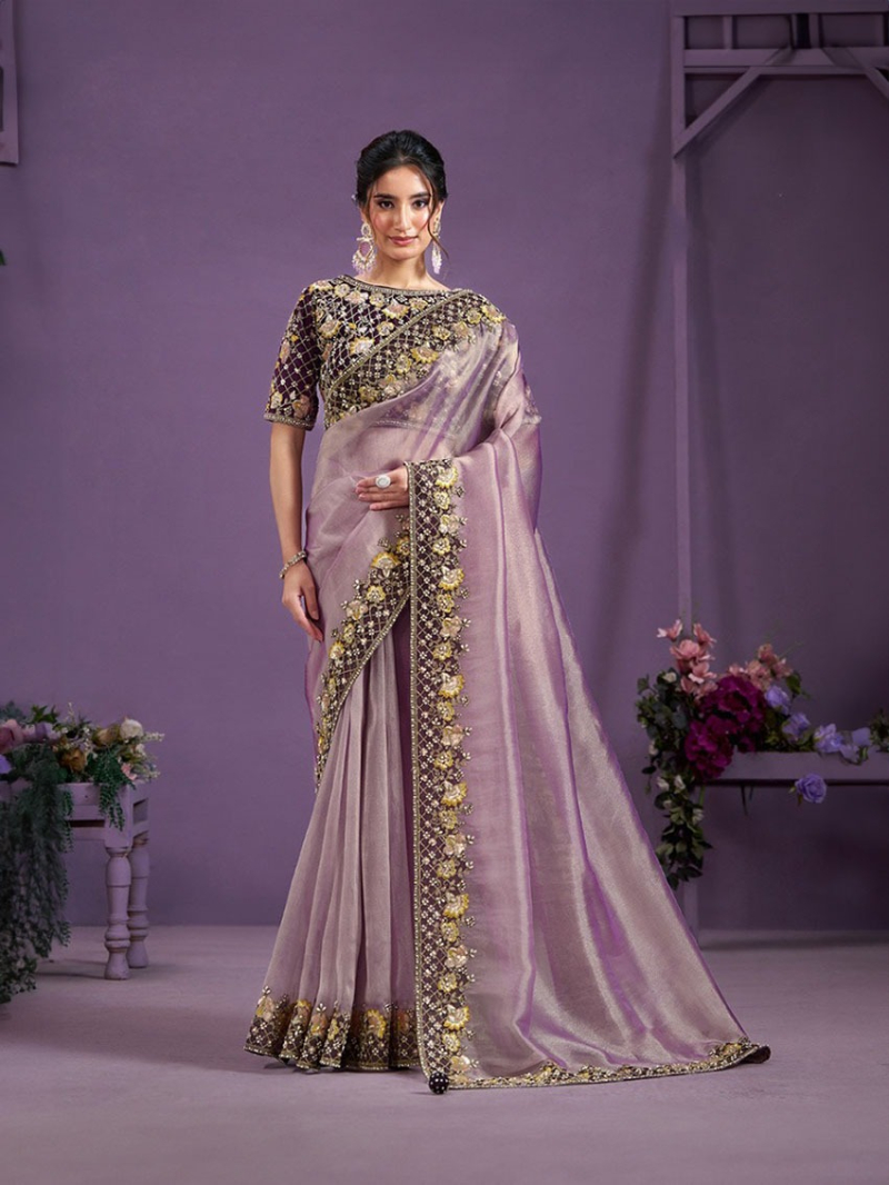 Elegant Mauve Glass Tissue Saree