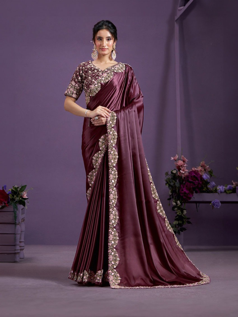 Rich Wine Crepe Satin Silk Saree