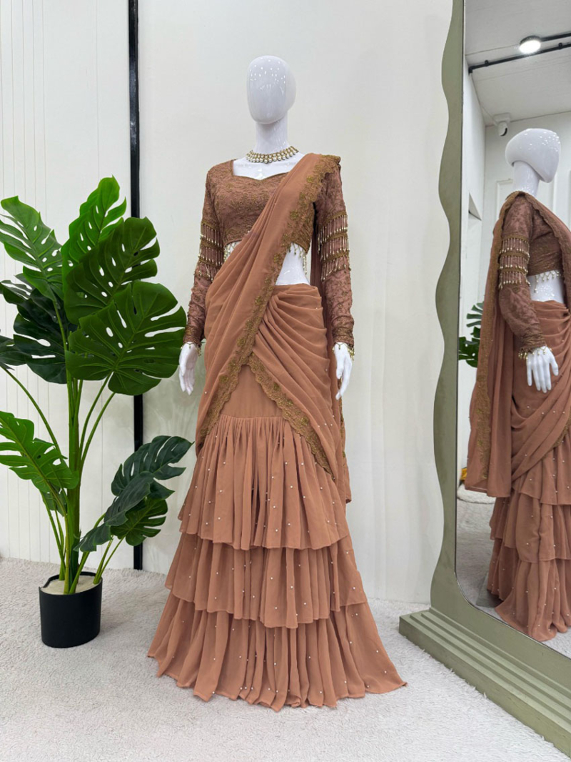 Elegant Brown Faux Georgette Saree