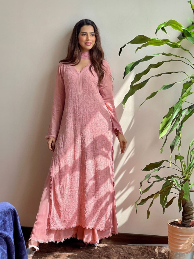 Dusty Pink Chikankari Long Salwar Kurti Plazo Suit