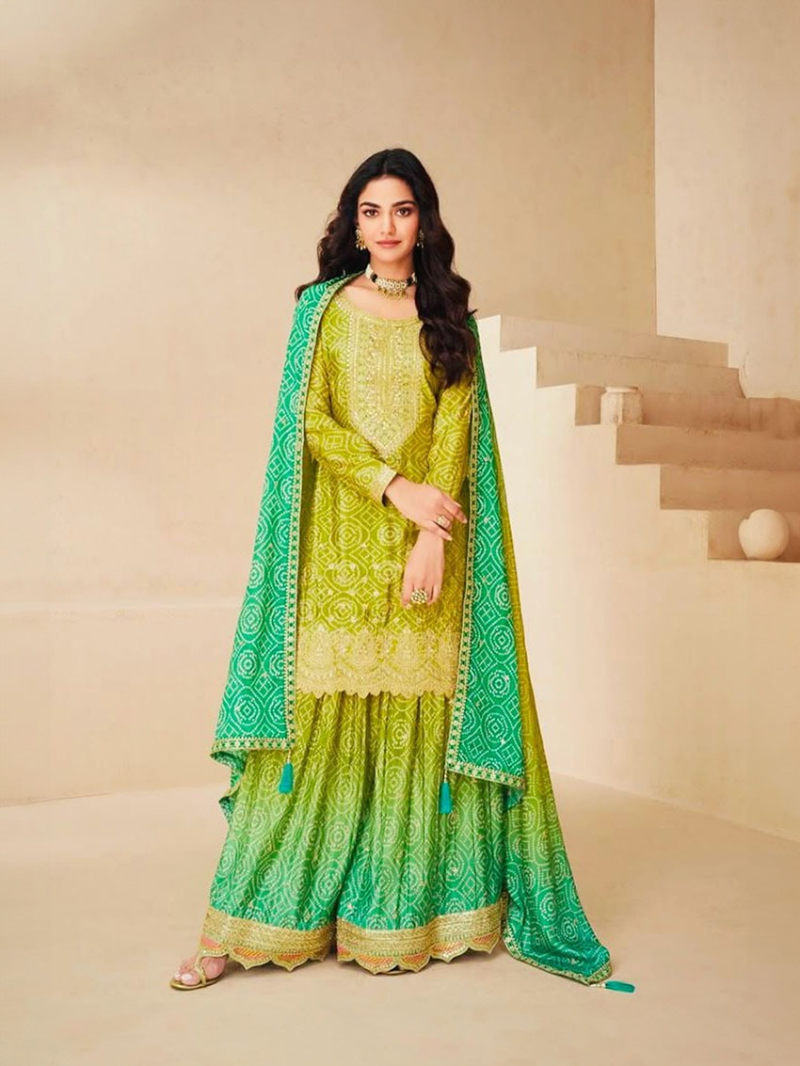 Traditional Festive Lime Green & Teal Chinnon Silk Sharara Suit