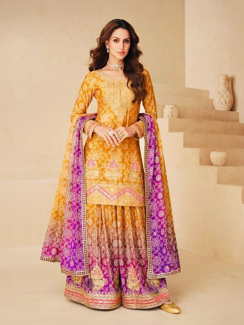 Traditional Mustard & Magenta with Multitone Chinnon Silk Sharara Set 