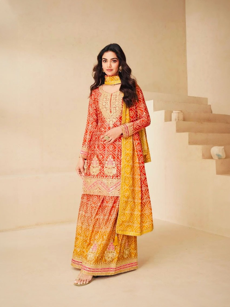 Traditional Festive Red, Orange & Yellow Chinnon Silk Sharara Suit