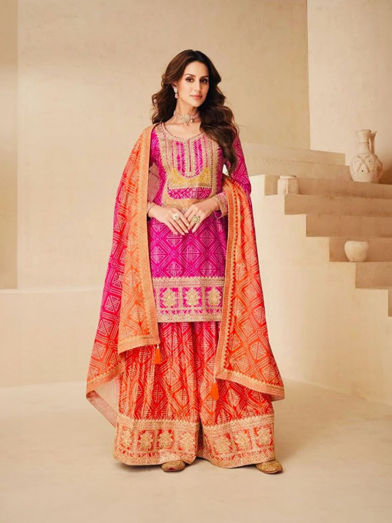 Traditional Elegant Rani Pink & Orange Multi tone Chinnon Silk Sharara Suit