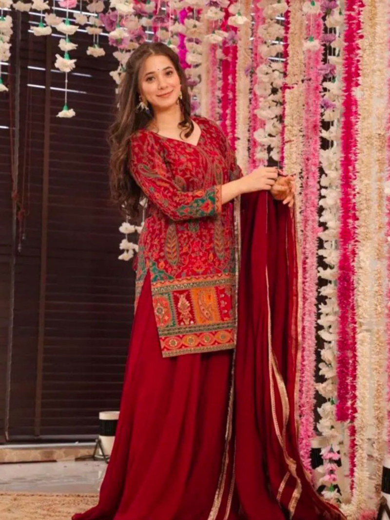 Traditional Casual Red Printed Kurta Plazo Suit  