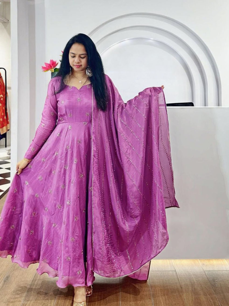 Traditional Lavender Chinnon Anarkali Suit