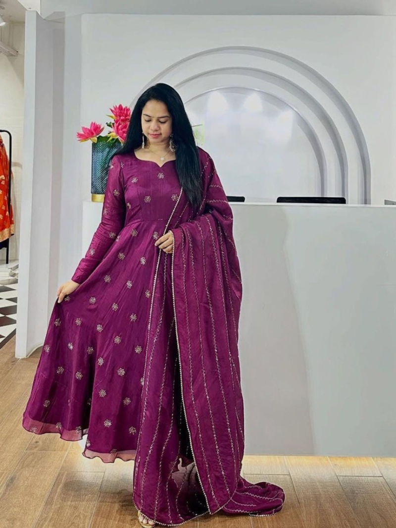 Regal Wine Chinnon  Anarkali Suit