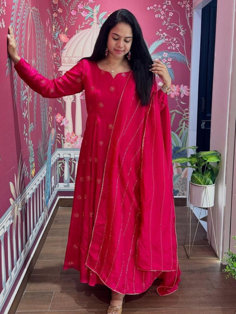 Traditional Festive Maroon Chinnon Anarkali Suit