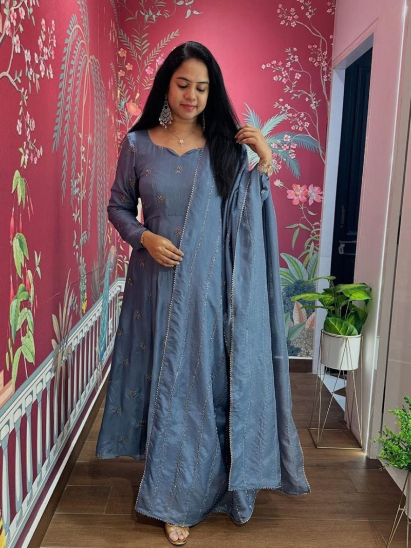 Traditional Dark Grey Chinnon Anarkali Suit 