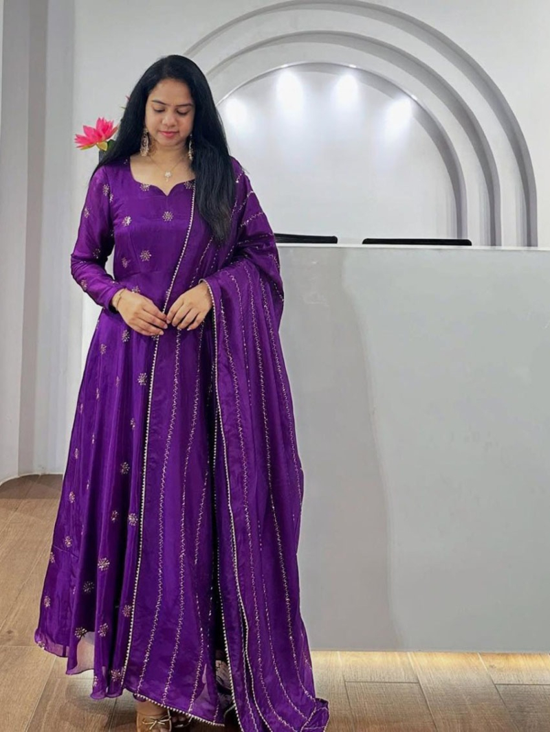 Traditional Festive Dark Purple Chinnon Anarkali Suit