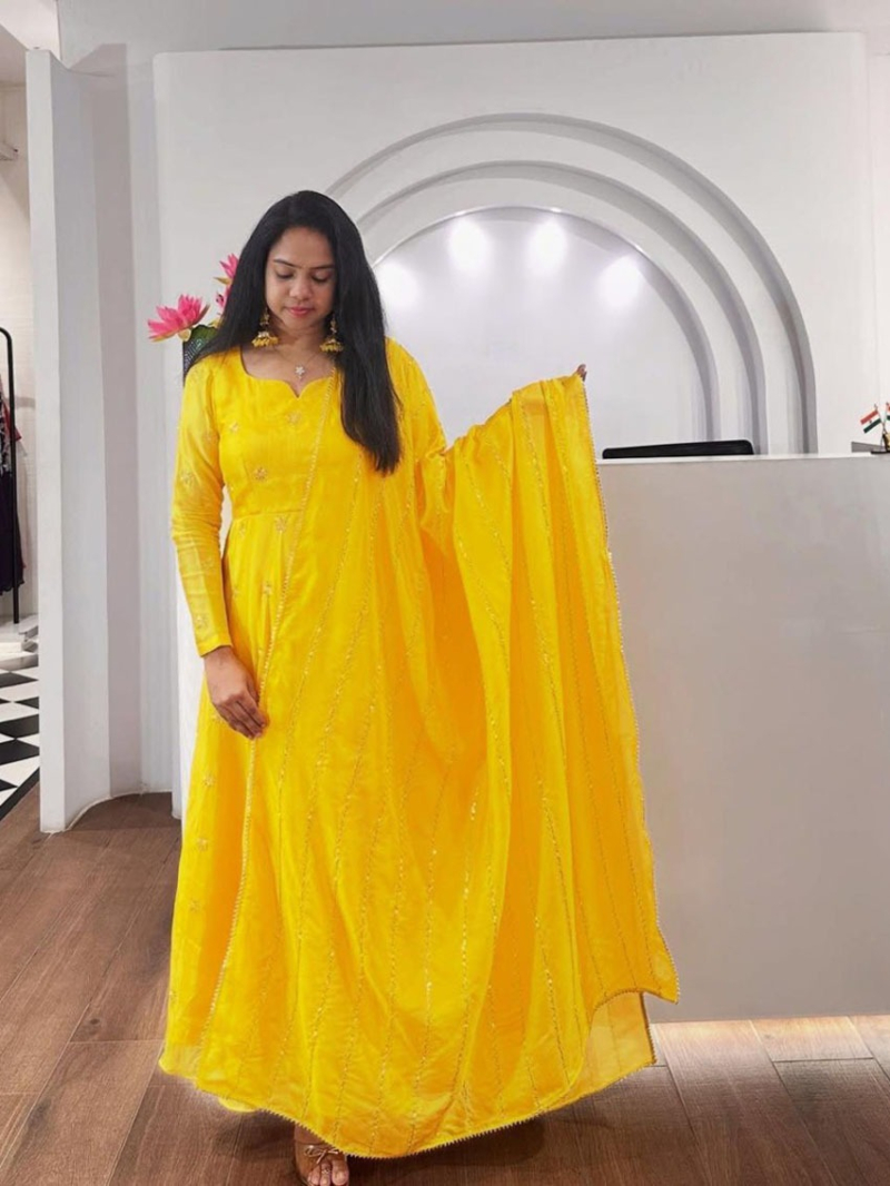 Traditional Festive Sunshine Yellow Chinnon Anarkali Suit